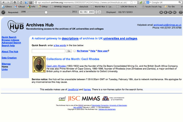 Screen shot of the Archives Hub hompeage
