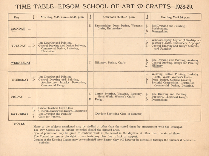 Epsom and Ewell school of art time table 1938-39