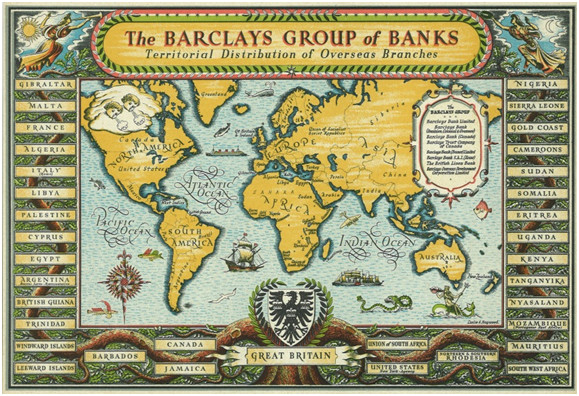 Advertising map showing Barclays’ presence overseas, 1946