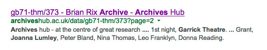 Archives Hub search result from a Google search