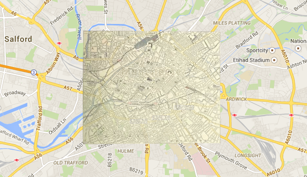 BL Georeferencer, showing an old map overlaying part of Manchester: http://www.bl.uk/maps/georeferencingmap.html