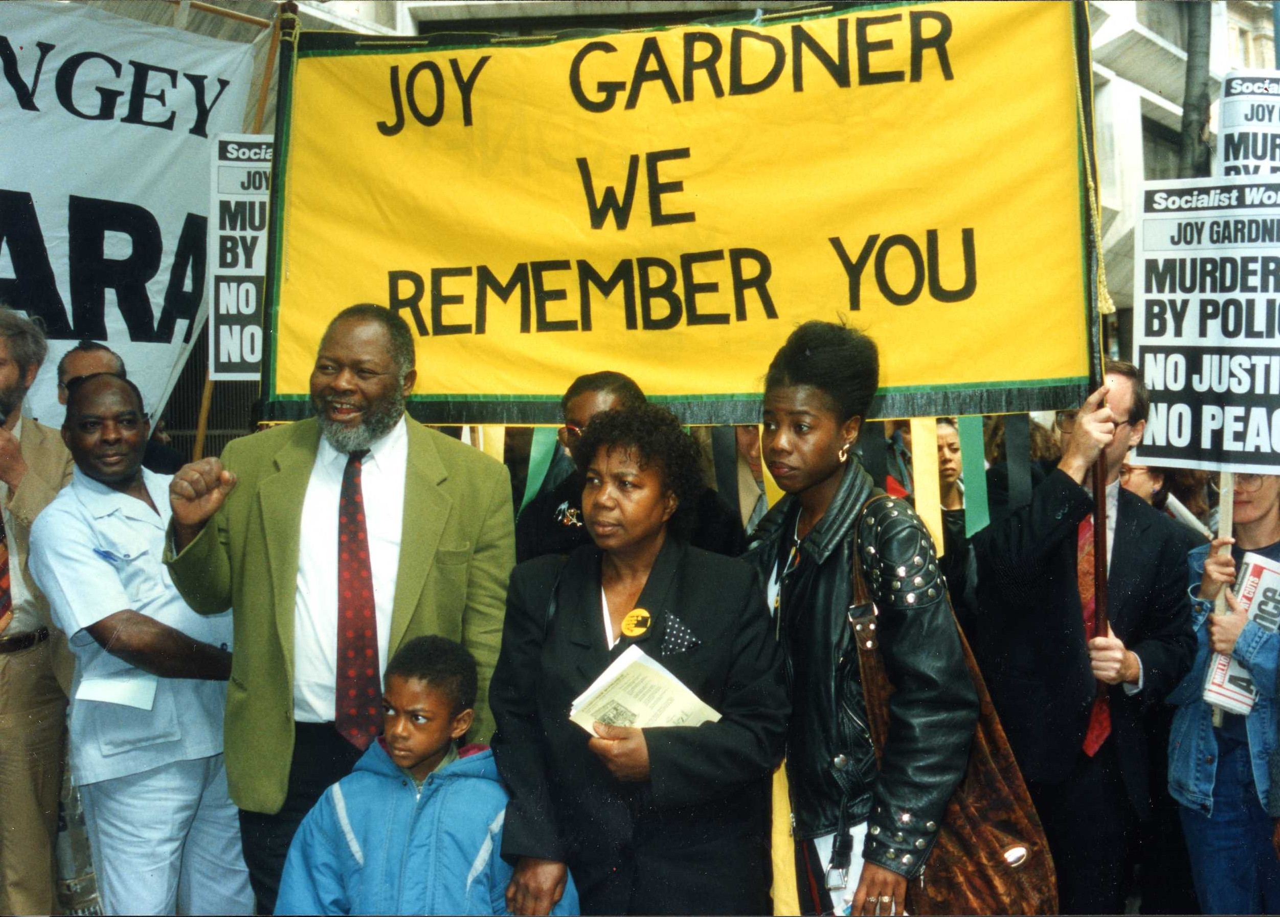 Photograph of a protest against the death of Joy Gardner, ca. 1993. Image credit: Bernie Grant Archive/Bishopsgate Institute.