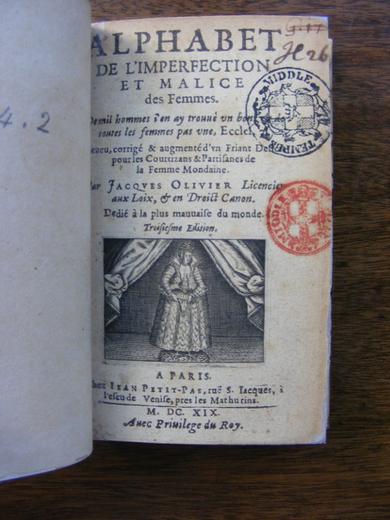 Jacques Olivier, Alphabet de l'imperfection et malice des femmes, Paris, 1619. Title page, showing the infamous depiction (engraved title vignette) of a woman with chicken feet