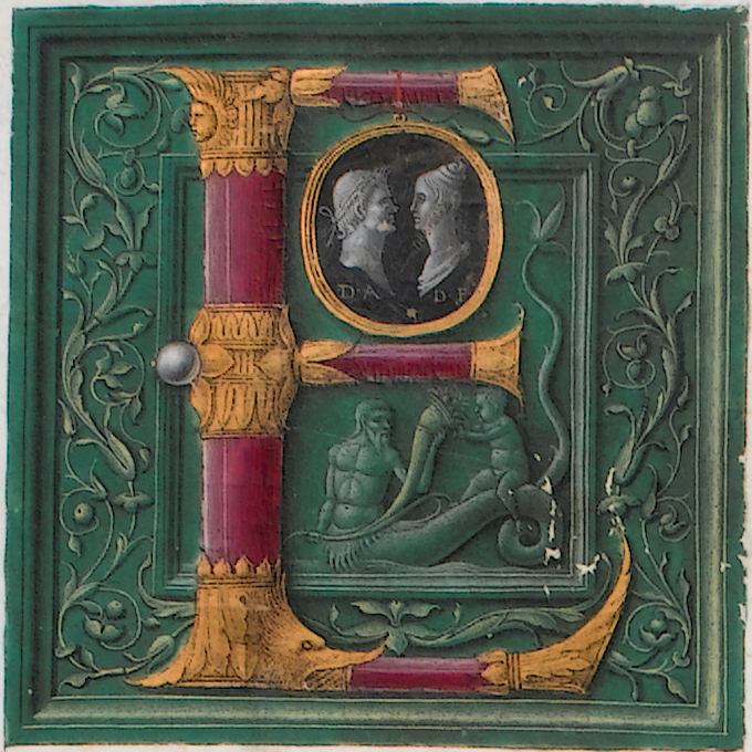 Initial of cylindrical red crystal with joints of gold in foliate design, embracing a cameo with portraits of Augustus and Faustina, attributed to The Master of the London Pliny, from the opening leaf of Cambridge University Library’s copy of Pliny's Naturalis historia (Venice : Nicolas Jenson, 1476).  Inc.1.B.3.2[1360]