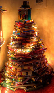 Photo of a Christmas tree made of books