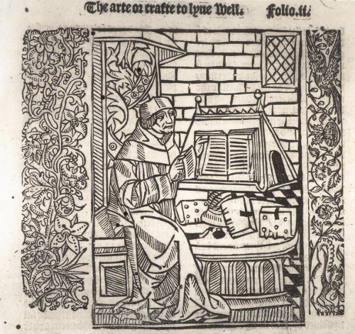 Illustration of a scholar at a lectern from Wynkyn de Worde’s The crafte to lyve well and to dye well (1505)