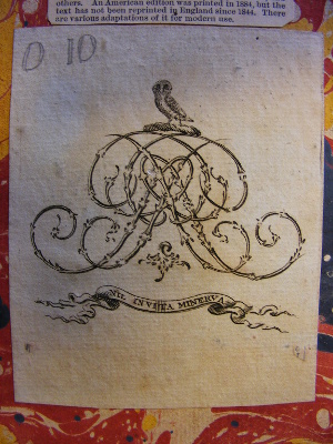 Photo of Unidentified bookplate found in the second copy of the second edition of the Commentaries (shelfmark BAY L551)