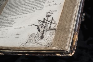 Dee’s evocative sketch of a ship in full sail. Opera. Cicero, published Paris, 1539. © Royal College of Physicians / John Chase