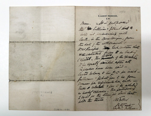 Signed note written in Gilbert's hand concerning the formation of the Gilbert & Sullivan partnership with D'Oyly Carte at the Opera Comique, signed by all three.