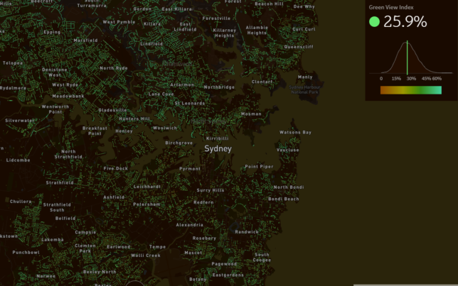 Treepedia map of Sydney, showing Green View Indicator percentage