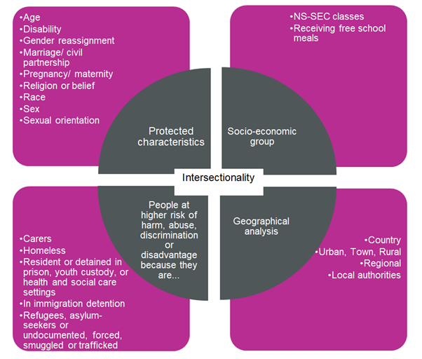 Diagram showing the various aspects of intersectionality.