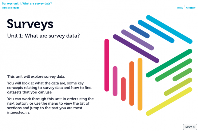 Start page of the surveys data skills module